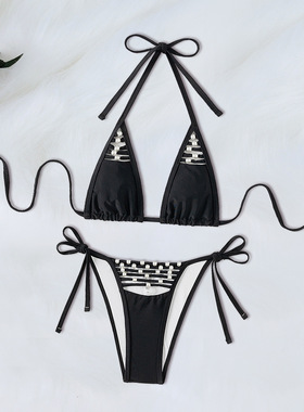 欧美女士黑色珍珠饰品分体bikini三角辣妹温泉系带比基尼泳装