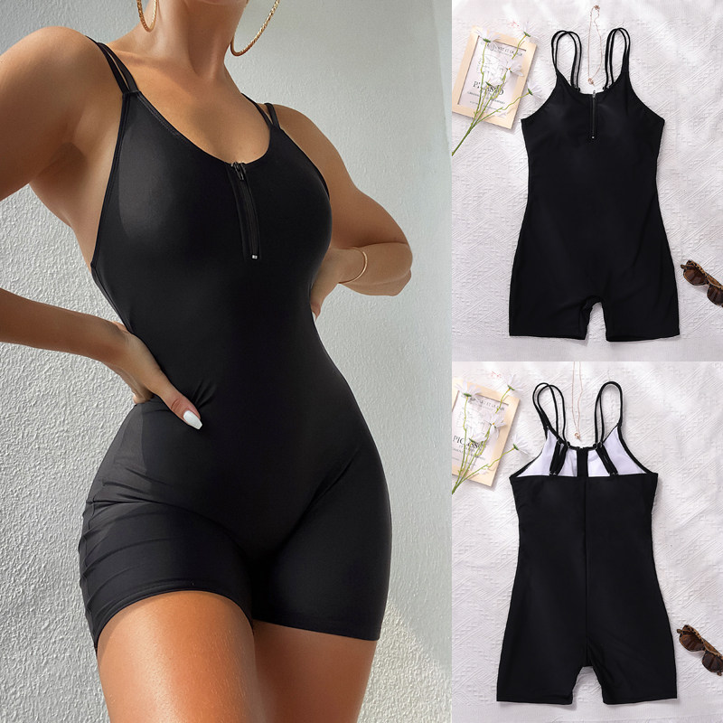 2021欧美新黑色连体带拉链吊带U领比基尼性感沙滩海边度假bikini