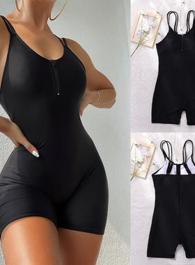 2021欧美新黑色连体带拉链吊带U领比基尼性感沙滩海边度假bikini