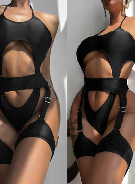 新黑色镂空性感连体泳衣比基尼辣妹度假一体式绷带制服bikini泳装