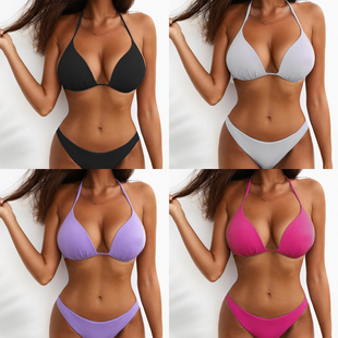 2022新款 辣妹海边度假分体bikini 挂脖硬杯比基尼性感欧美沙滩泳装