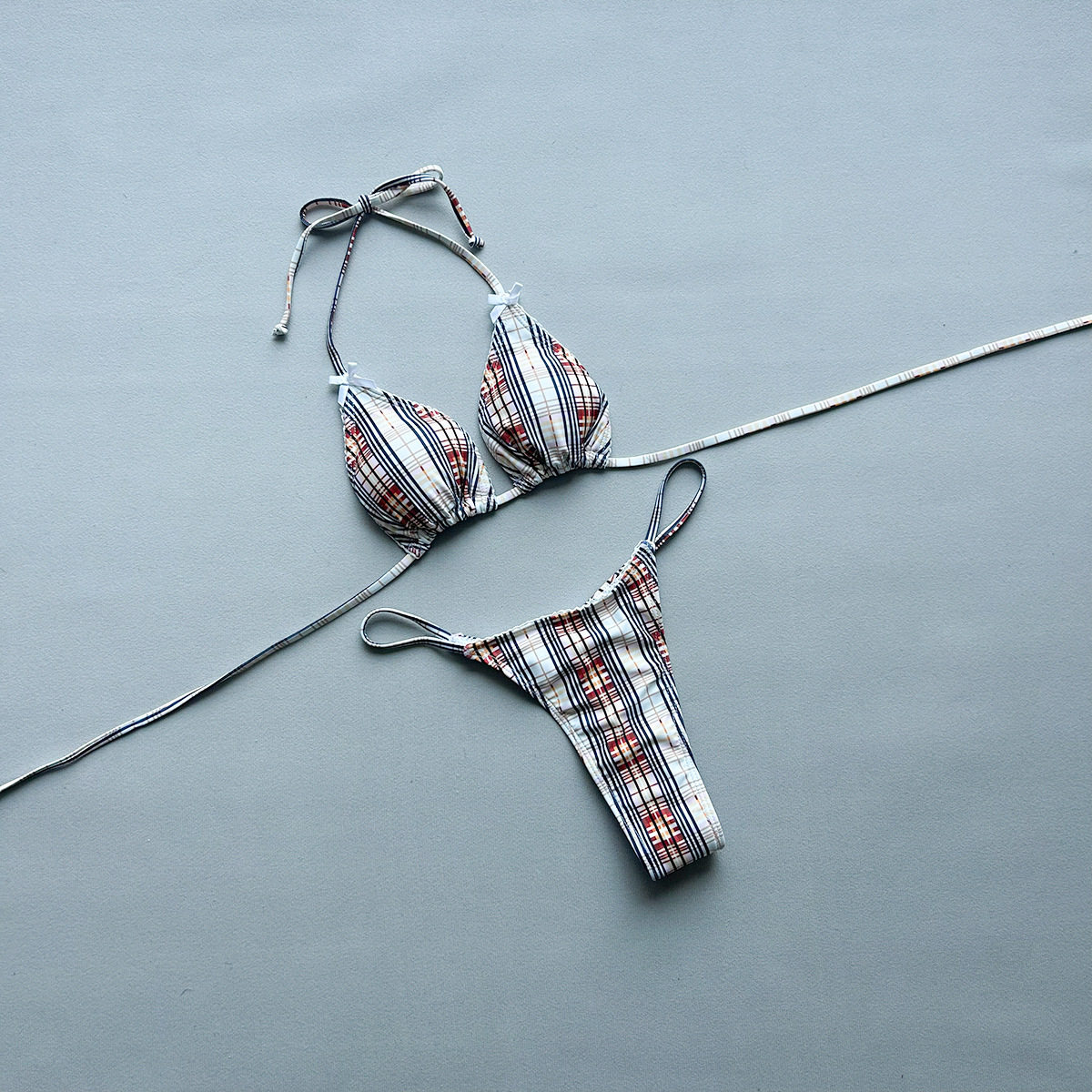 女士复古条纹格子印花分体bikini泳衣辣妹沙滩三角系带丁字裤泳装