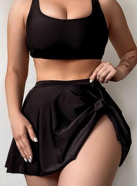 女士纯黑色性感分体背心式bikini泳衣辣妹海边沙滩温泉比基尼泳装