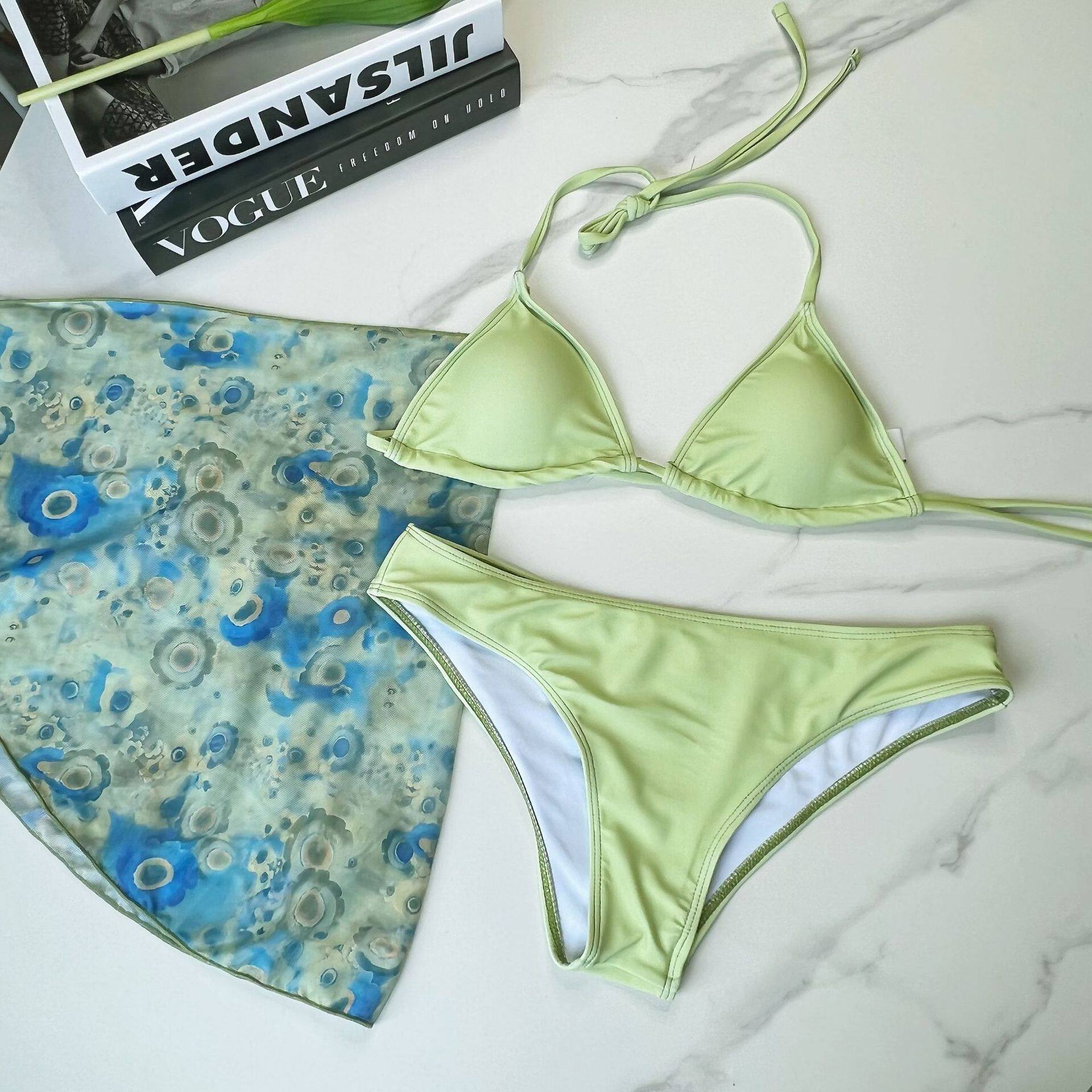 女性感三角系带分体bikini泳衣温泉海边三件套罩裙遮肚显瘦比基尼