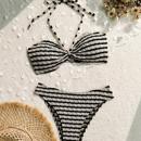 溫泉bikini 系帶掛脖抹胸分體泳衣歐美ins條紋比基尼沙灘顯瘦泳裝