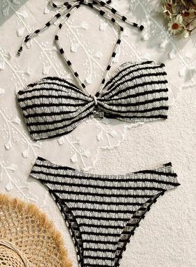 系带挂脖抹胸分体泳衣欧美ins条纹比基尼沙滩显瘦泳装温泉bikini