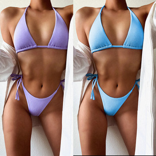 纯色分体泳衣女士沙滩性感系带三角bikini 2020欧美比基尼爆款