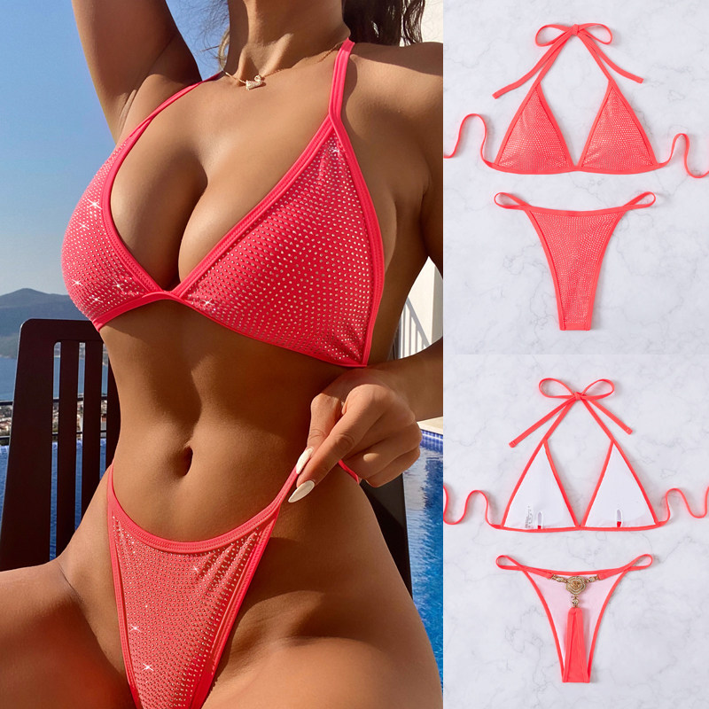 2022欧美爆款钻石三角系带钻石饰品丁字裤比基尼辣妹海边度假泳衣