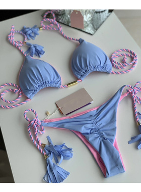 2023欧美ins辣妹比基尼分体泳衣三角系带撞色沙滩海边bikini泳装
