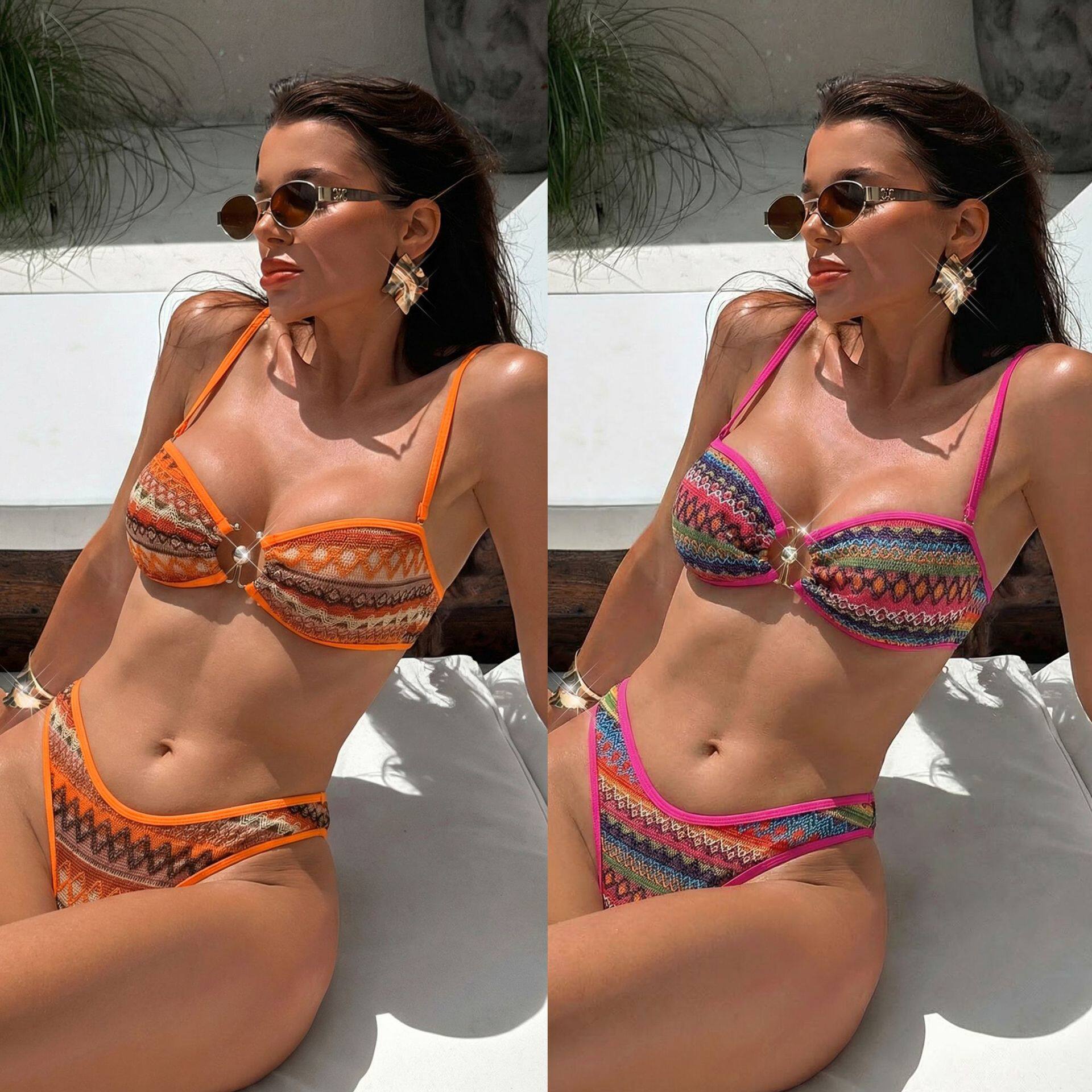 女几何图案性感比基尼泳衣彩色编织挂脖式抹胸分体显瘦bikini泳装