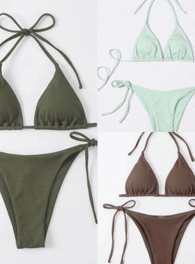 2023新款性感三点式小坑条分体泳装辣妹沙滩度假温泉系带bikini