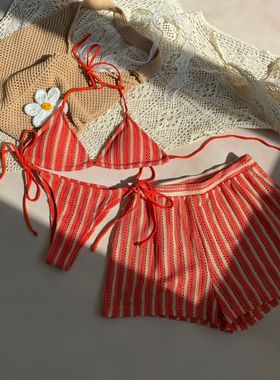 欧美女士纯色性感三角系带分体bikini泳衣辣妹显瘦三件套海边泳装