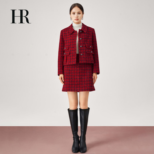 HR赫莲娜酒红色绵羊毛小香风外套女2025秋季 上衣 新款 复古格纹短款