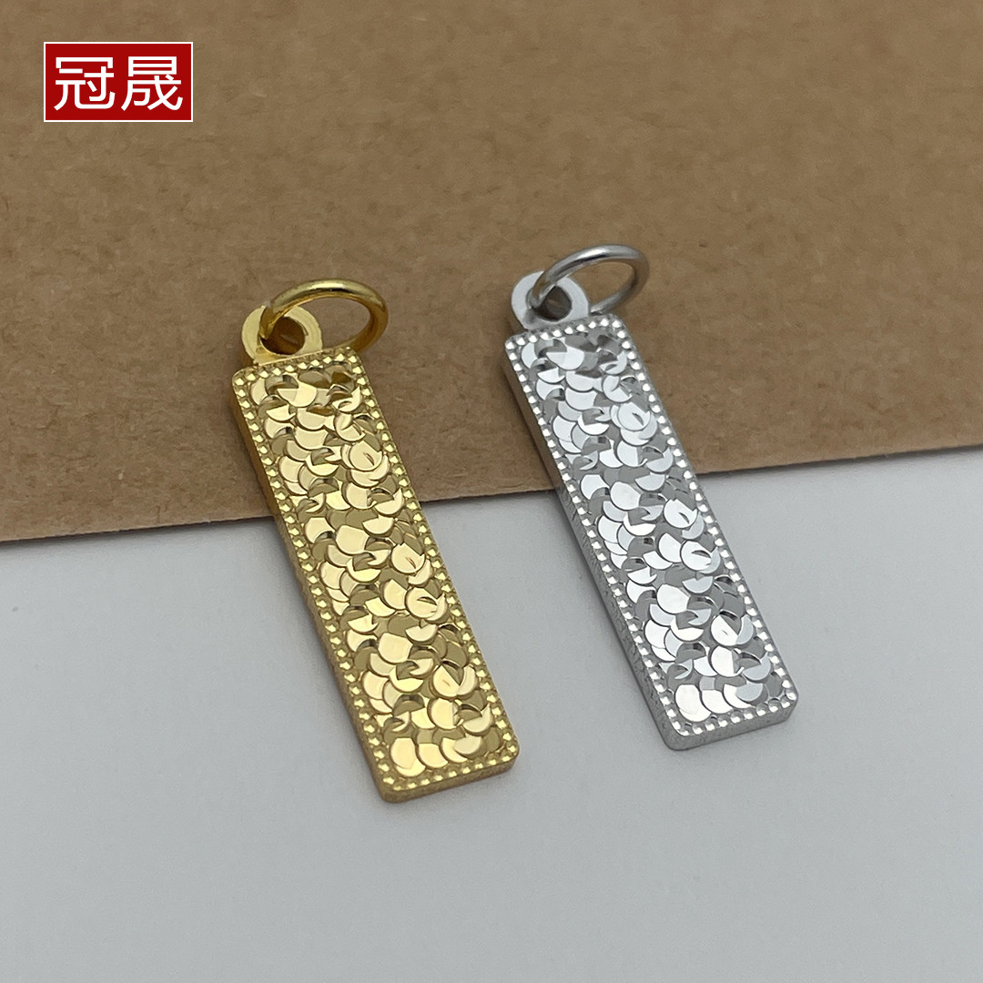 S925银长方形吊坠镀金碎碎冰挂件公主请发财 DIY手串珍珠项链配件