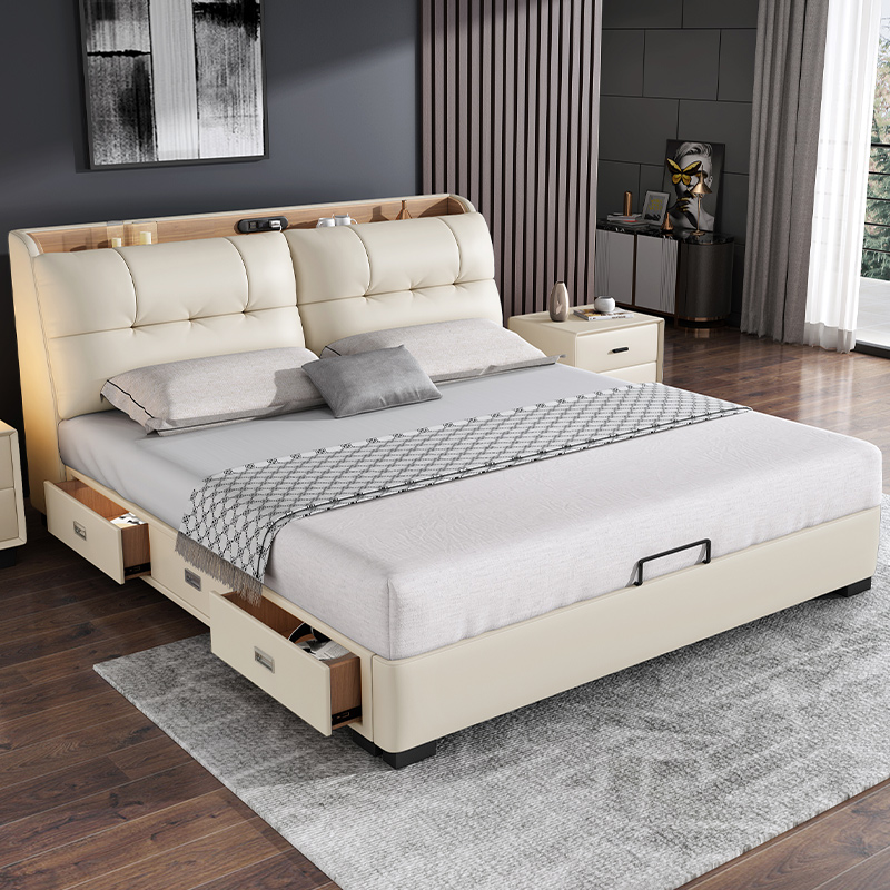 真皮床高端大气主卧室大床1米8双人床多功能储物实木软包床婚床