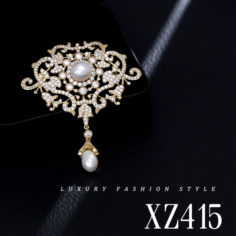 法式复古宫廷流苏仿珠奢华别针西装礼服领口胸针配饰高档水晶胸花