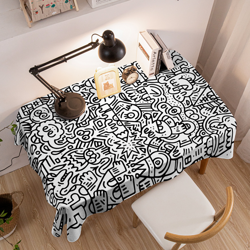 潮牌桌布黑白涂鸦联名宿舍盖布