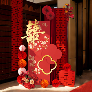 新中式婚礼迎宾牌结婚布置喜字装饰kt板门口农村订婚宴婚房背景板