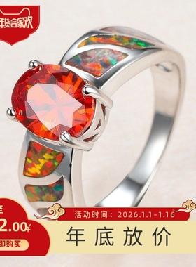 新款跨境亚马逊简约S925红色澳宝石榴红椭圆钻戒指女式百搭指环