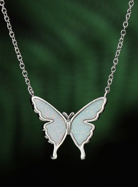 新款跨境欧美时尚韩式小众白金白色澳宝蝴蝶项链女式百搭锁骨链