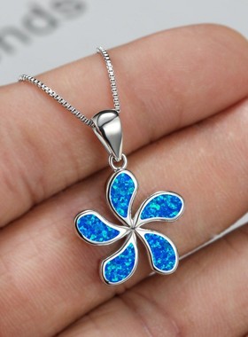 新款欧美亚马逊韩式简约风白金花朵蓝色澳宝项链百搭锁骨链