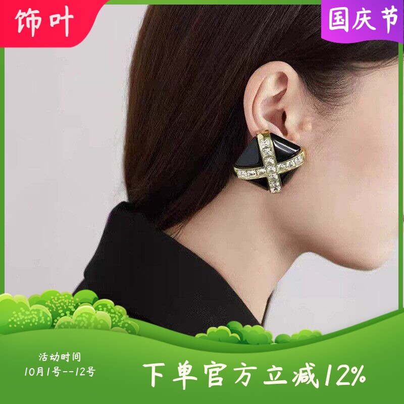 法式复古轻奢十字闪钻方形耳环简