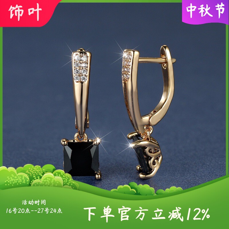 新款跨境爆款香槟金几何正方形黑钻耳扣高级复古轻奢耳环个性饰品