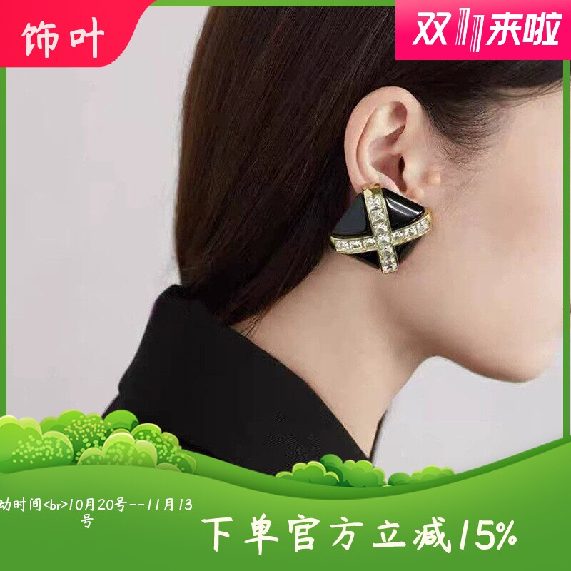 法式复古轻奢十字闪钻方形耳环简