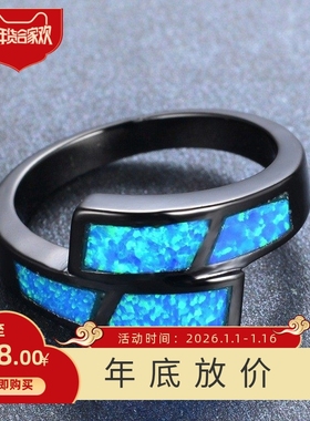 新款跨境欧美亚马逊个性黑金蓝色澳宝女式简约百搭戒指节日礼物