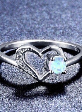 新款跨境简约风S925圆形白蓝紫色澳宝+镂空桃心女式百搭戒指