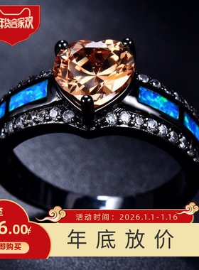 新款欧美跨境时尚风黑金镶澳宝炫彩心形戒指环手饰品工厂