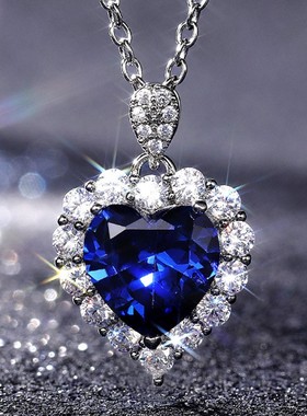 新款亚马逊镶嵌宝蓝色爱心形项链女精致时尚OL气质订婚锁骨链