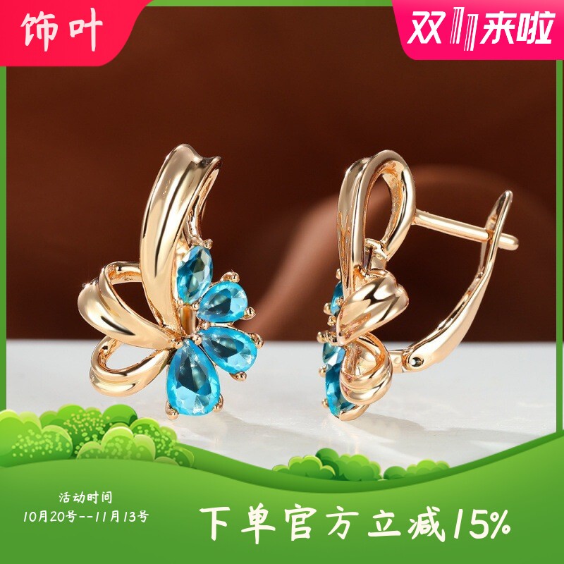 新款欧美风香槟金炫彩AB钻花朵耳扣紫水晶耳环女时尚复古饰品