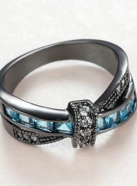 新款跨境个性黑金 水蓝色方钻交叉戒指厂家