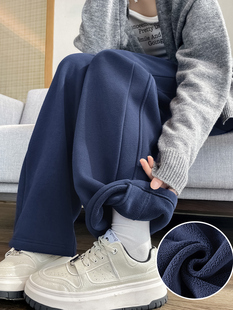 藏青色运动裤女款2025新款春秋冬季加绒卫裤直筒香蕉窄版阔腿裤