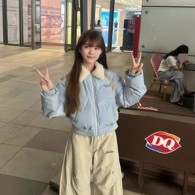 美式复古蓝色毛领短款羽绒棉服女2025年新款冬季百搭休闲棉衣棉袄