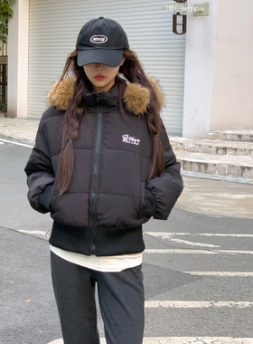 实拍SRIKERLAB冬季短款皮草连帽羽绒服收腰显瘦高级感大毛领棉女