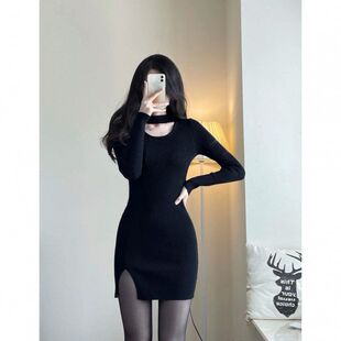 黑色连衣裙子女收腰茶歇法式辣妹小个子长袖显瘦秋冬2024新款春夏