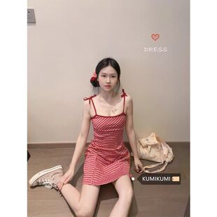 甜酷系带叠穿裙子胖MM夏日新款红色格纹吊带连衣裙纯色短裙