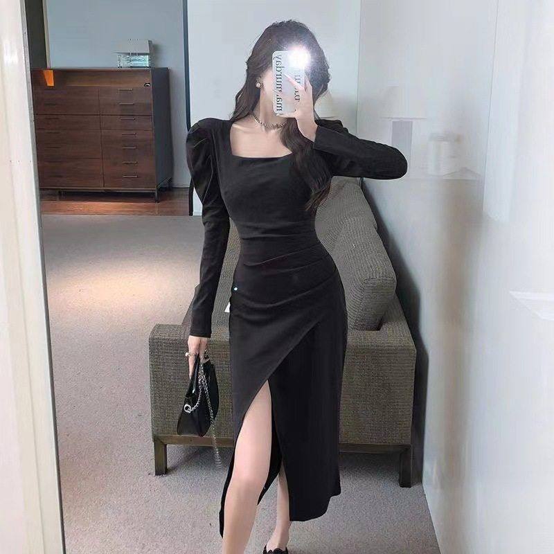 早秋连衣裙2024新款长袖方领中长裙女修身显瘦女装辣妹开叉包臀裙