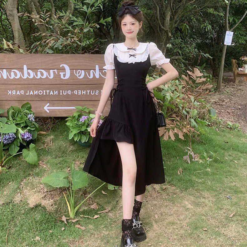大码胖妹妹收腰遮肚子不规则开叉裙子女夏季法式复古假两件连衣裙