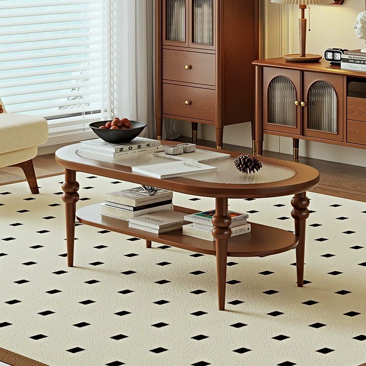 美式复古实木茶几客厅家用小户型设计师小型桌子法式玻璃圆形茶几