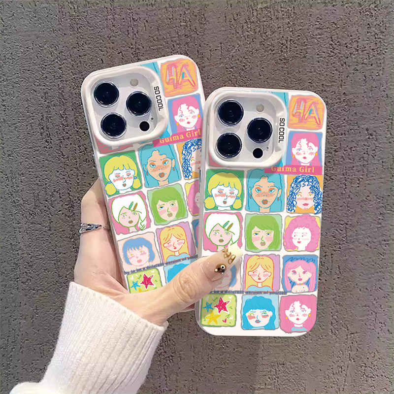 镂空方格人物适用于卡通手机壳苹果14PROMAX搞怪iPhone8PLUS个性X新款保护套7古风15PLUS潮流17日韩17PROMAX