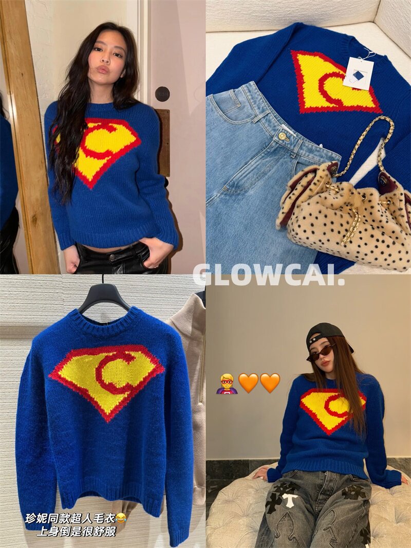 thumbnail for 26A Early Autumn Jennie Style Color-Block Diamond Letter Jacquard Round Neck Long-Sleeve Cashmere Blue Knit Sweater