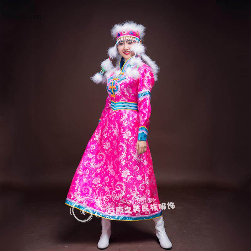 草原少数民族服饰蒙古舞蹈服女士蒙古族演出服缎面长款蒙古袍促销