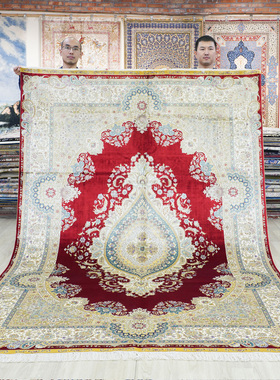 天匠180x270cm手工真丝波斯地毯茶几床边毯新中式轻奢红色地毯
