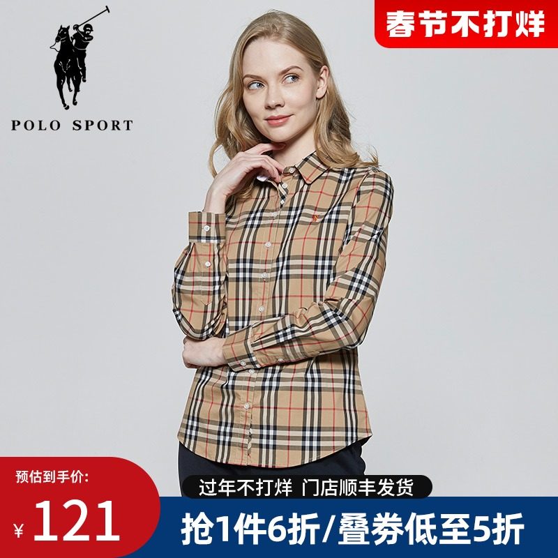 Polo Sport女装 长袖衬衫2022年春季新款格子纹卡其衬衣休闲百搭