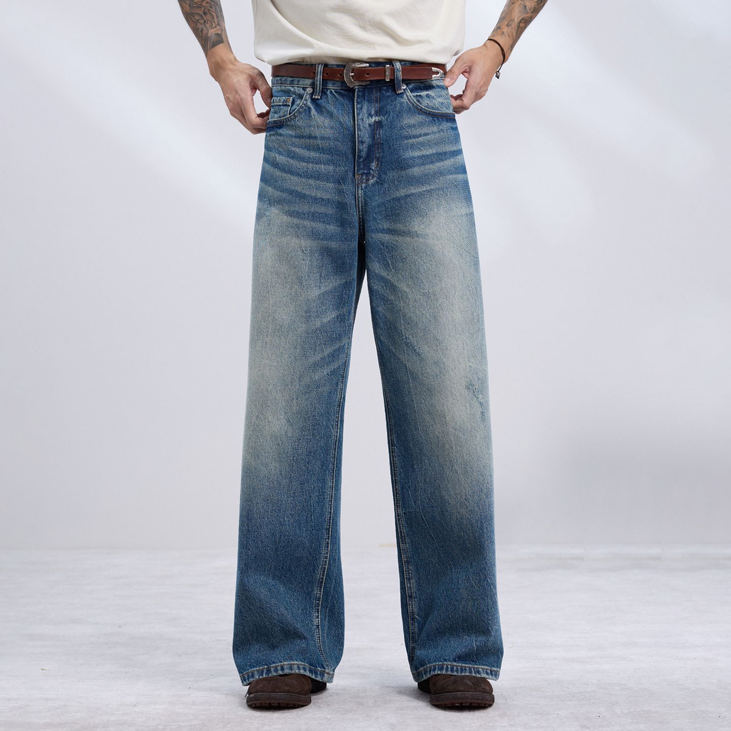 水洗重磅深蓝色牛仔裤｜13oz冈山宽幅休闲长裤男直筒宽松中高腰秋