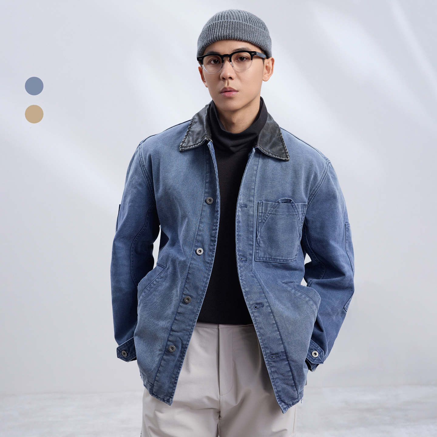 2色谷仓夹克|日本进口冈山仓敷帆布水洗做旧中长款拼接皮夹克男