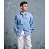 6oz植物染日本产纯棉浅蓝长袖 重水洗牛仔衬衫 Indigo 上衣男春夏
